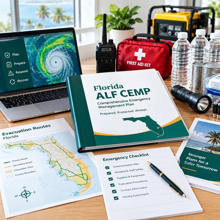 Florida ALF CEMP binder with hurricane tracking, evacuation routes and emergency checklist
