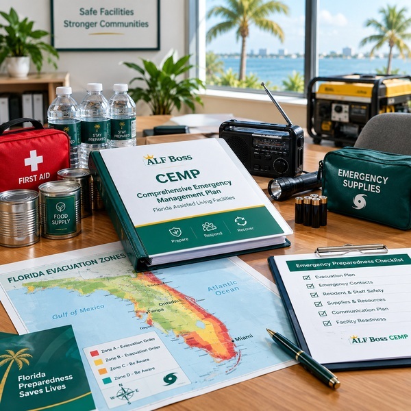 CEMP binder, first aid kit and evacuation zone map ready for a Florida ALF